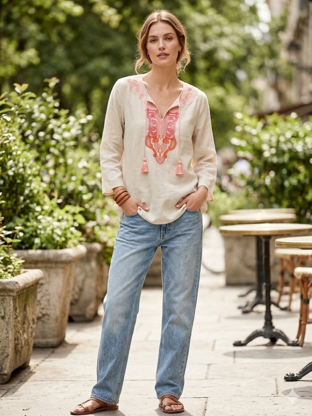 Linen Tunic Top with Coral Embroidered Neckline And Tassles